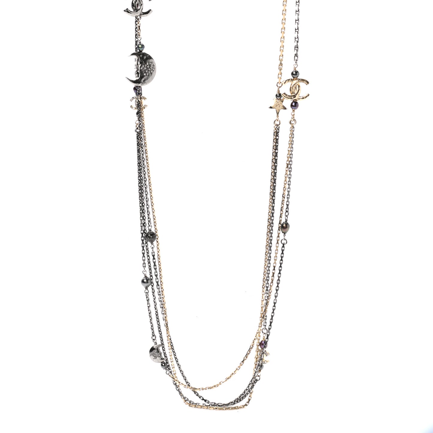 Glass Pearl Strass CC Long Necklace Gold Silver