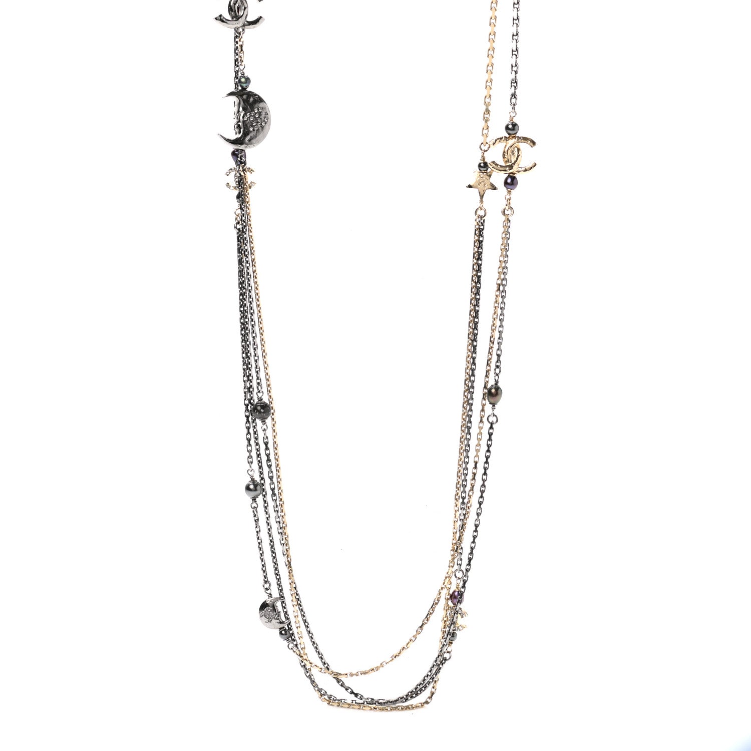 Chanel Glass Pearl Strass CC Long Necklace Gold Silver 1 of 7