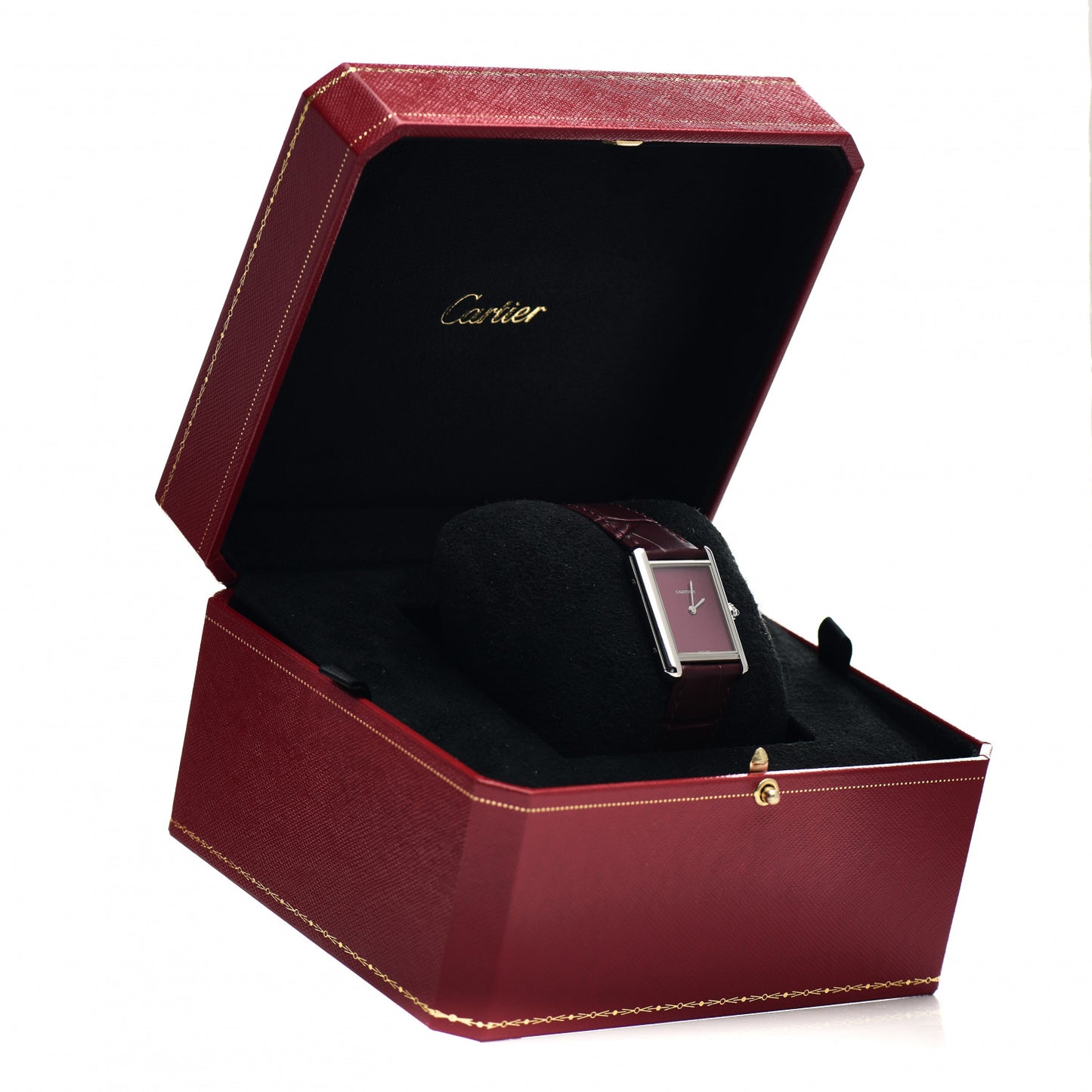 Stainless Steel Alligator 25mm Tank Must De Cartier Watch Burgundy