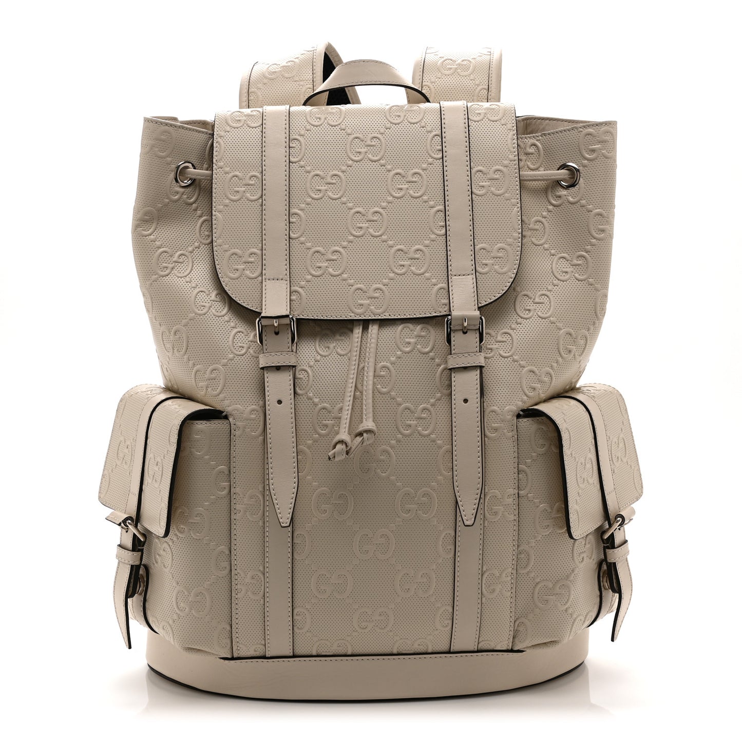 Piuma Calfskin Jumbo GG Embossed Double Buckle Backpack Mystic White