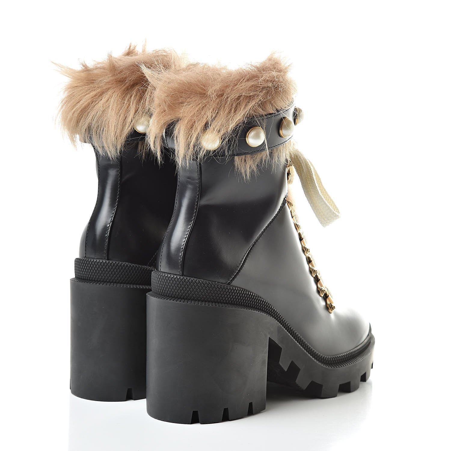 Gucci Magnum Calfskin Fur Pearl Lace Up Combat Ankle Boots 36 Black Naturale 4 of 10