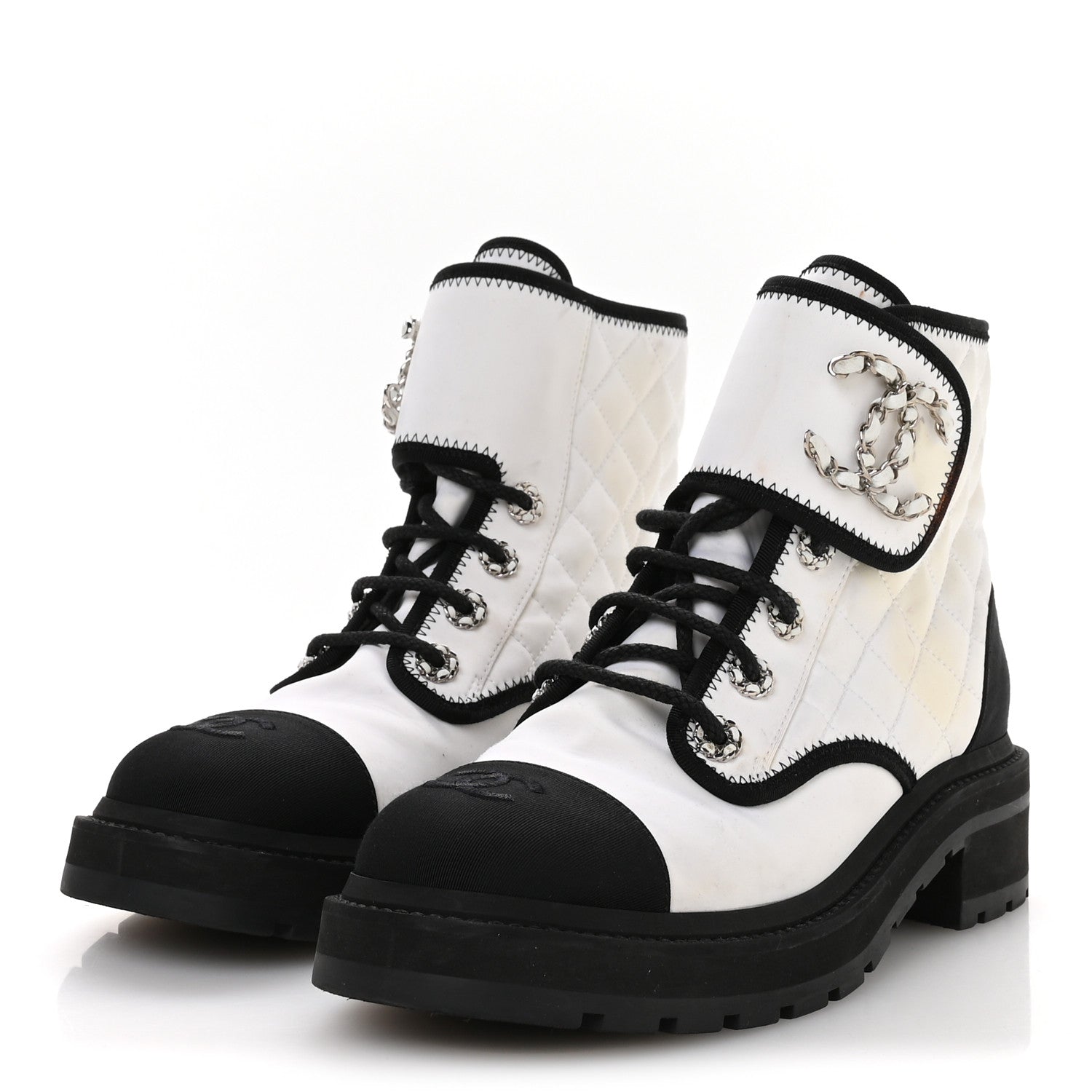 Chanel Fabric Grosgrain Quilted Cap Toe Lace Up Combat Boots 38.5 White Black 4 of 9