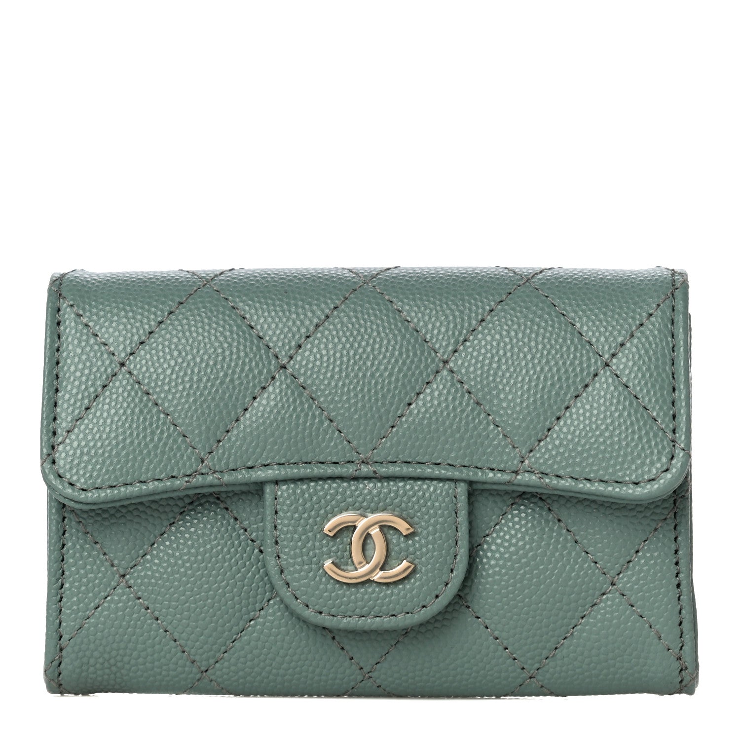 Chanel Caviar Quilted Flap Card Holder Wallet Green 1 of 12