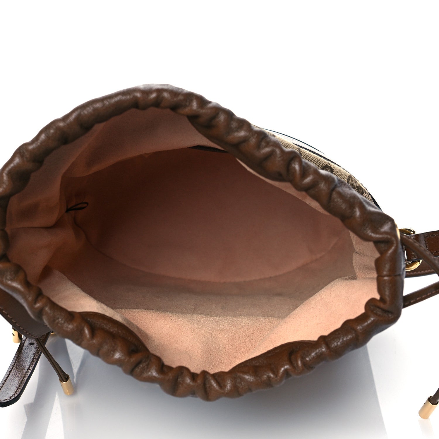 Gucci Monogram Textured Calfskin Horsebit 1955 Drawstring Bucket Bag Beige Brown Sugar 5 of 11