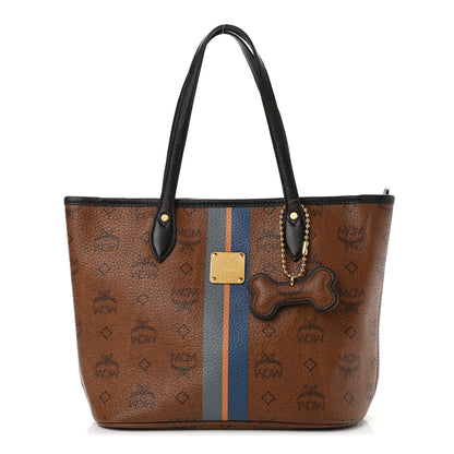 MCM Visetos Dog Bone Striped Shopper Tote Cognac 1 of 17