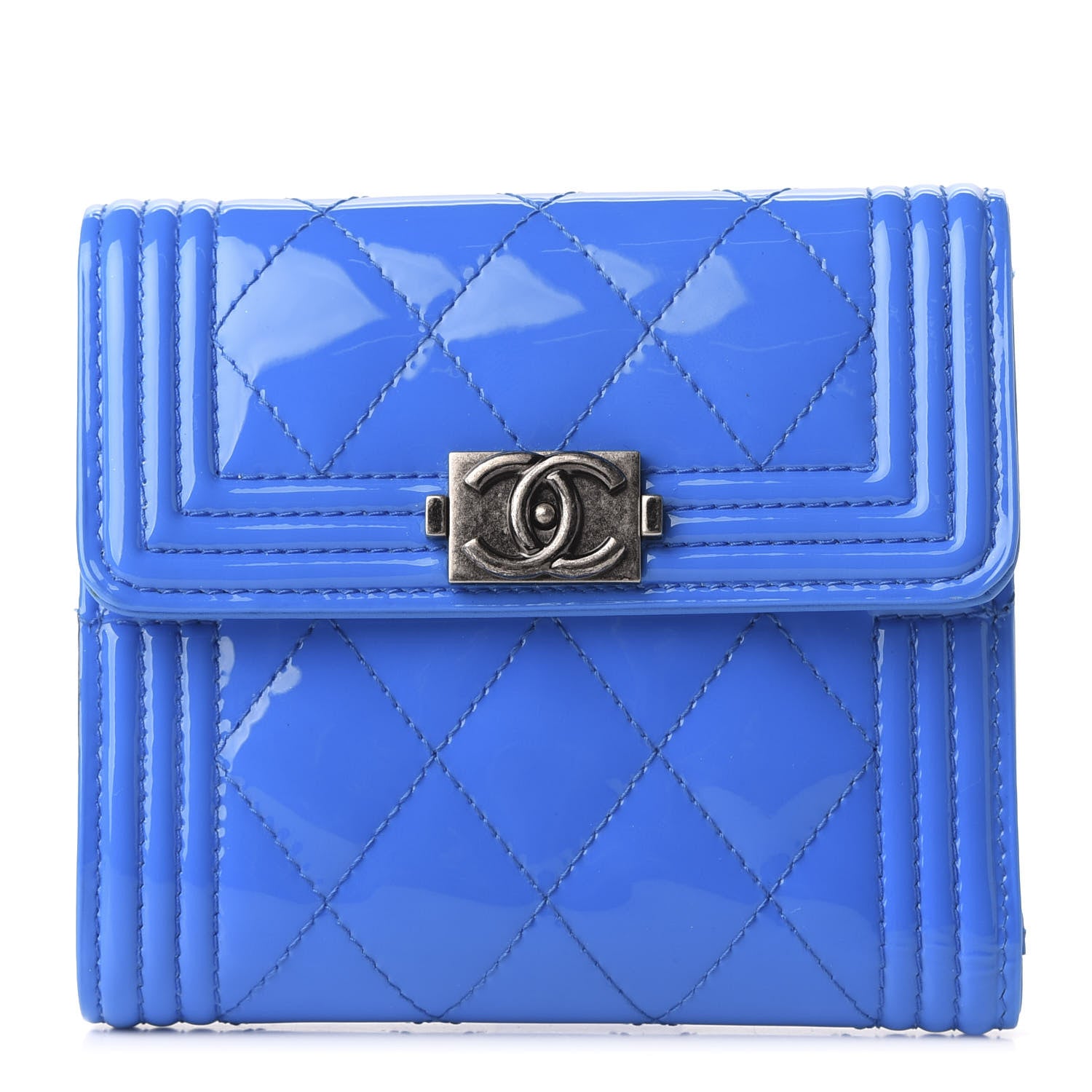 Chanel Patent Quilted Compact Boy Wallet Blue 1 of 10