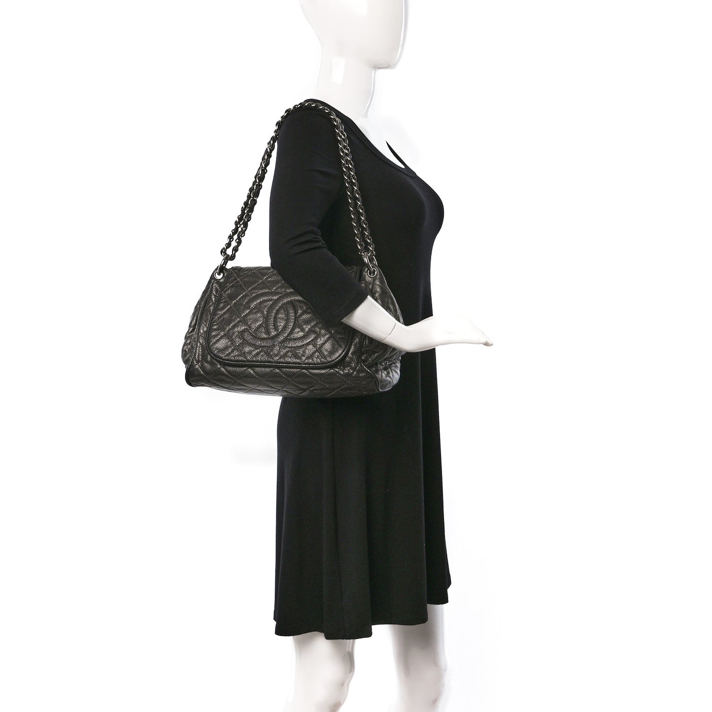Metallic Caviar Quilted Timeless Accordion Flap Dark Silver