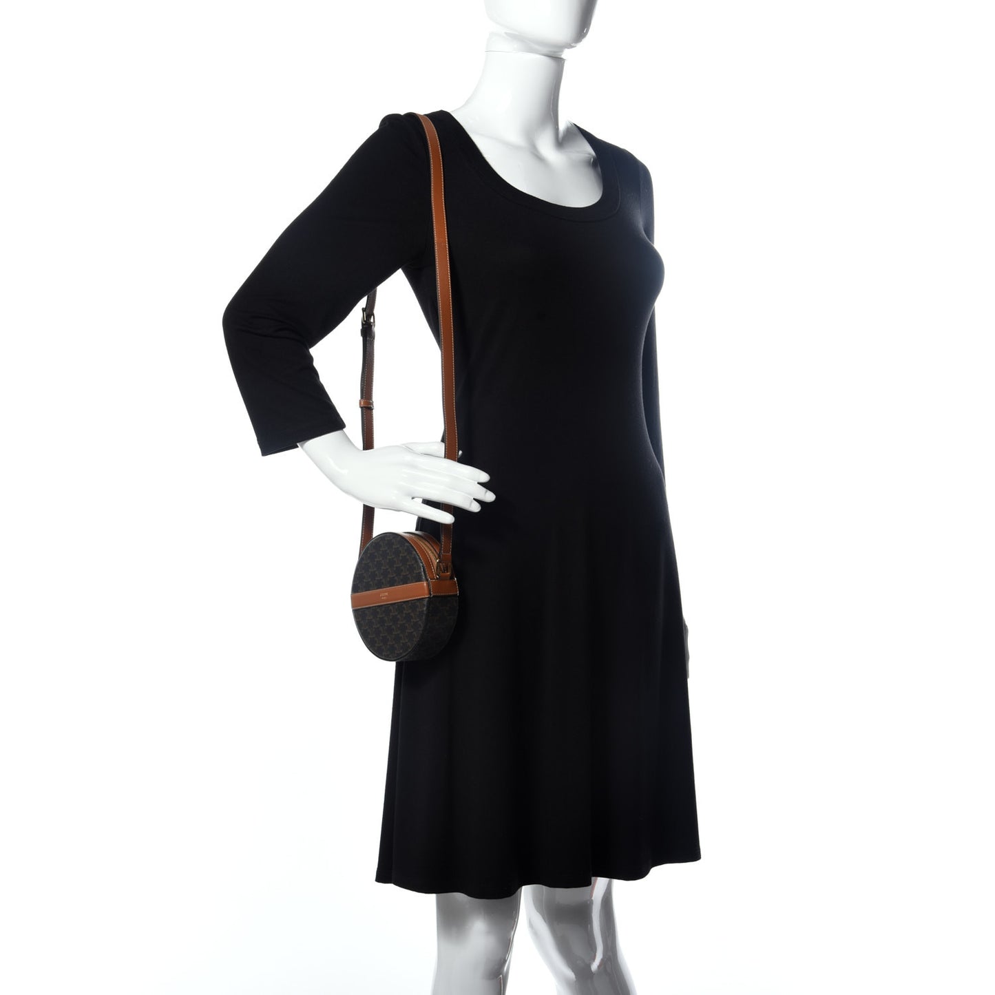 Lambskin Triomphe Canvas Round Purse On Strap Black Tan