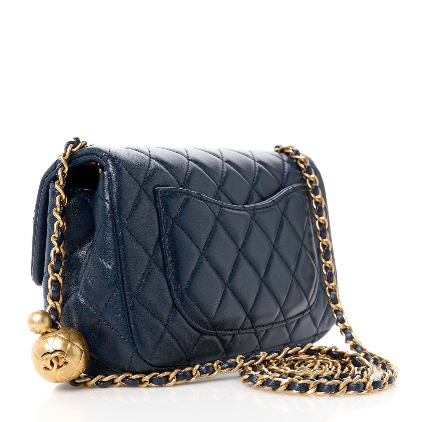 Lambskin Quilted Mini Pearl Crush Rectangular Flap Navy Blue