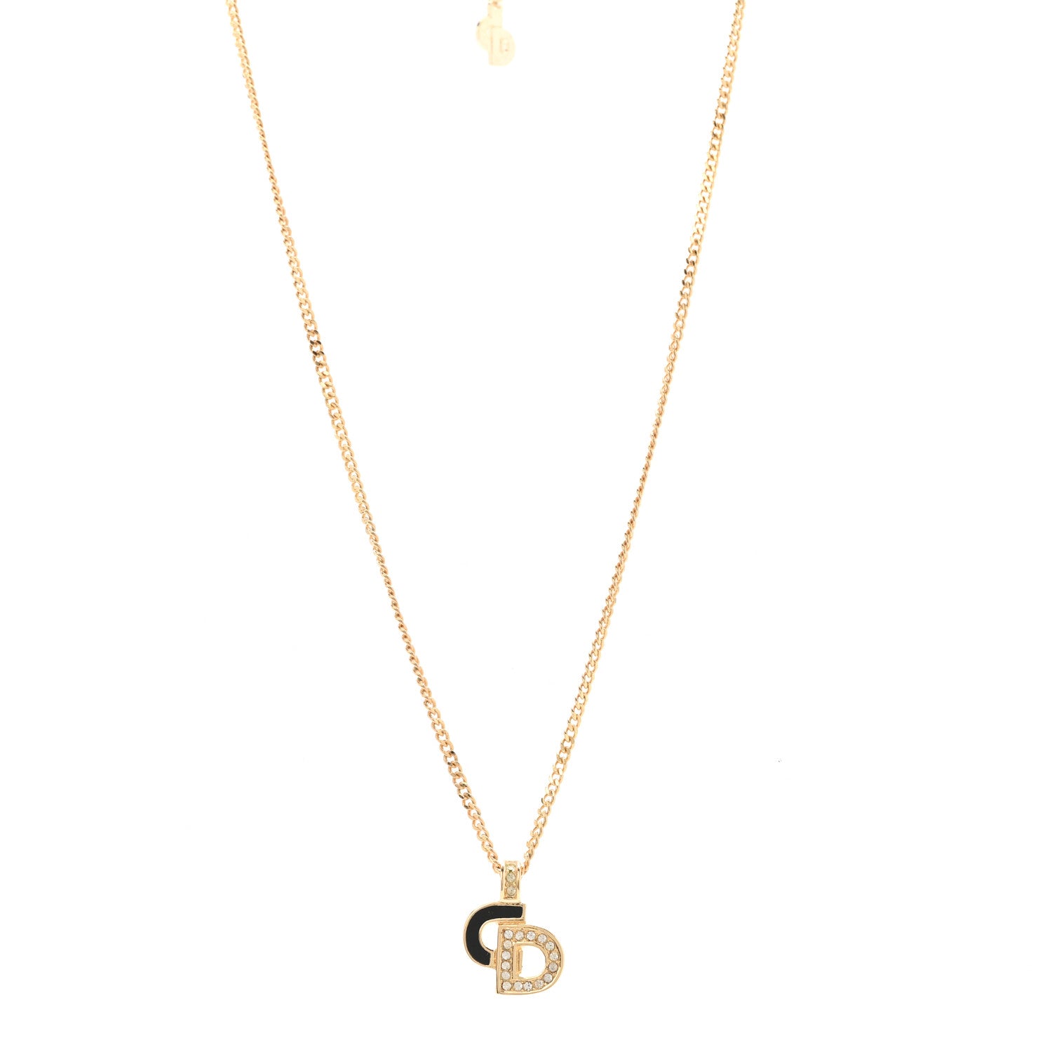 Christian Dior Metal Crystal Enamel CD Necklace Gold Black 1 of 6