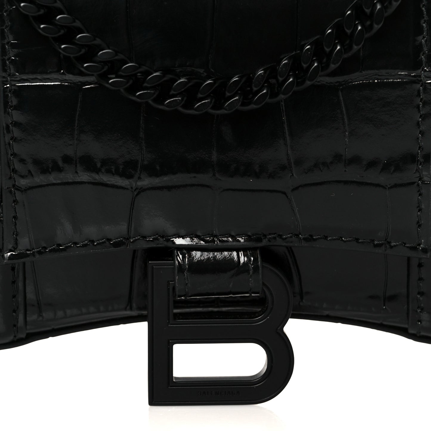 Shiny Calfskin Monochrome Crocodile Embossed Hourglass Chain Bag Black