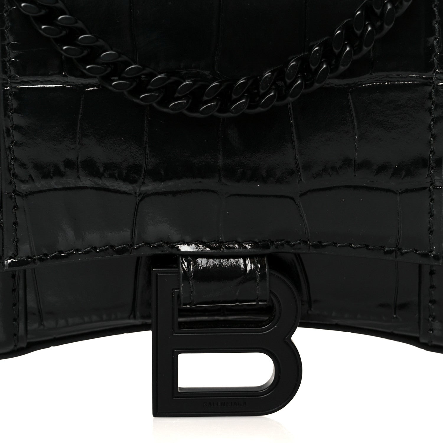 Balenciaga Shiny Calfskin Monochrome Crocodile Embossed Hourglass Chain Bag Black 9 of 11