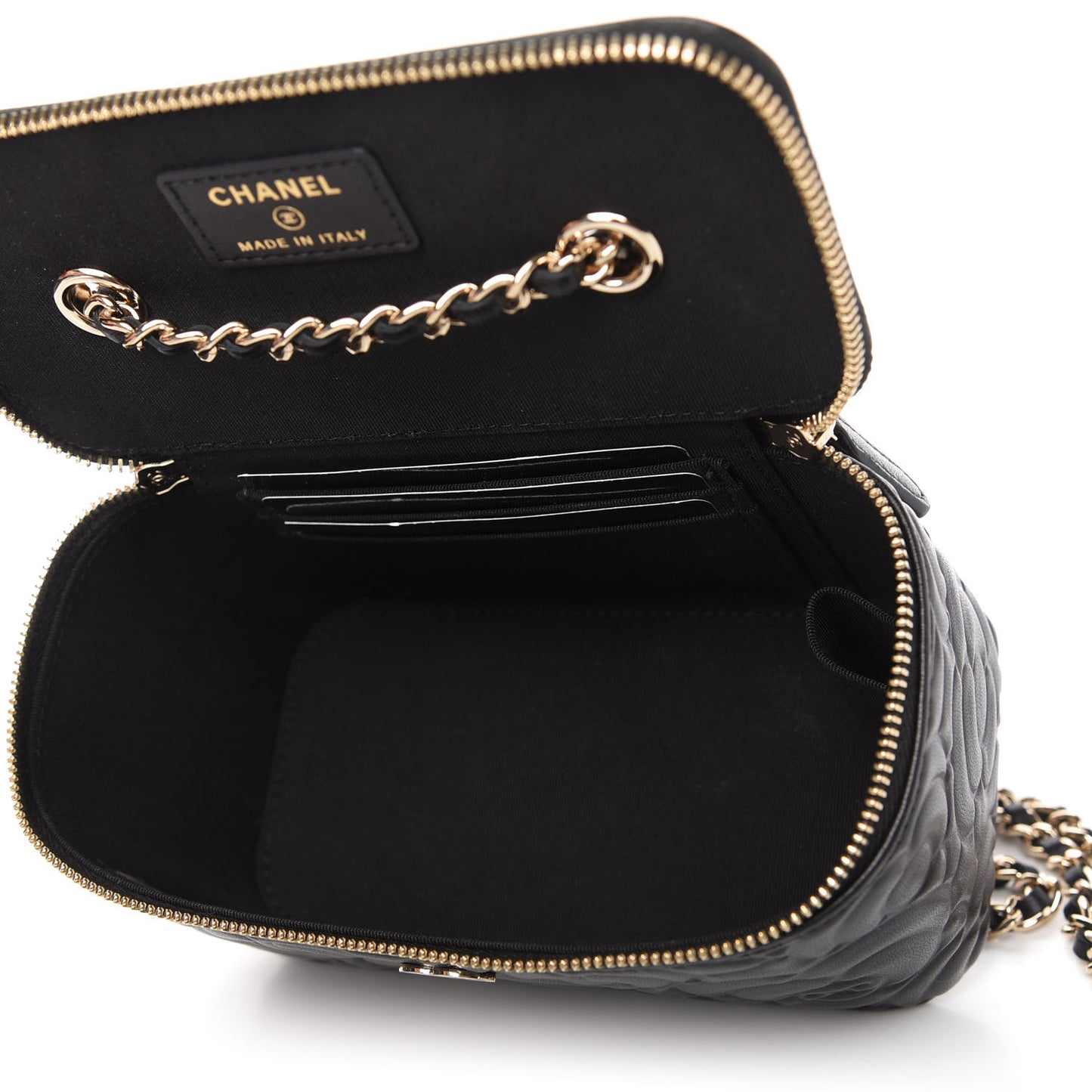 Lambskin Camellia Embossed Small Vanity Case With Chain Black