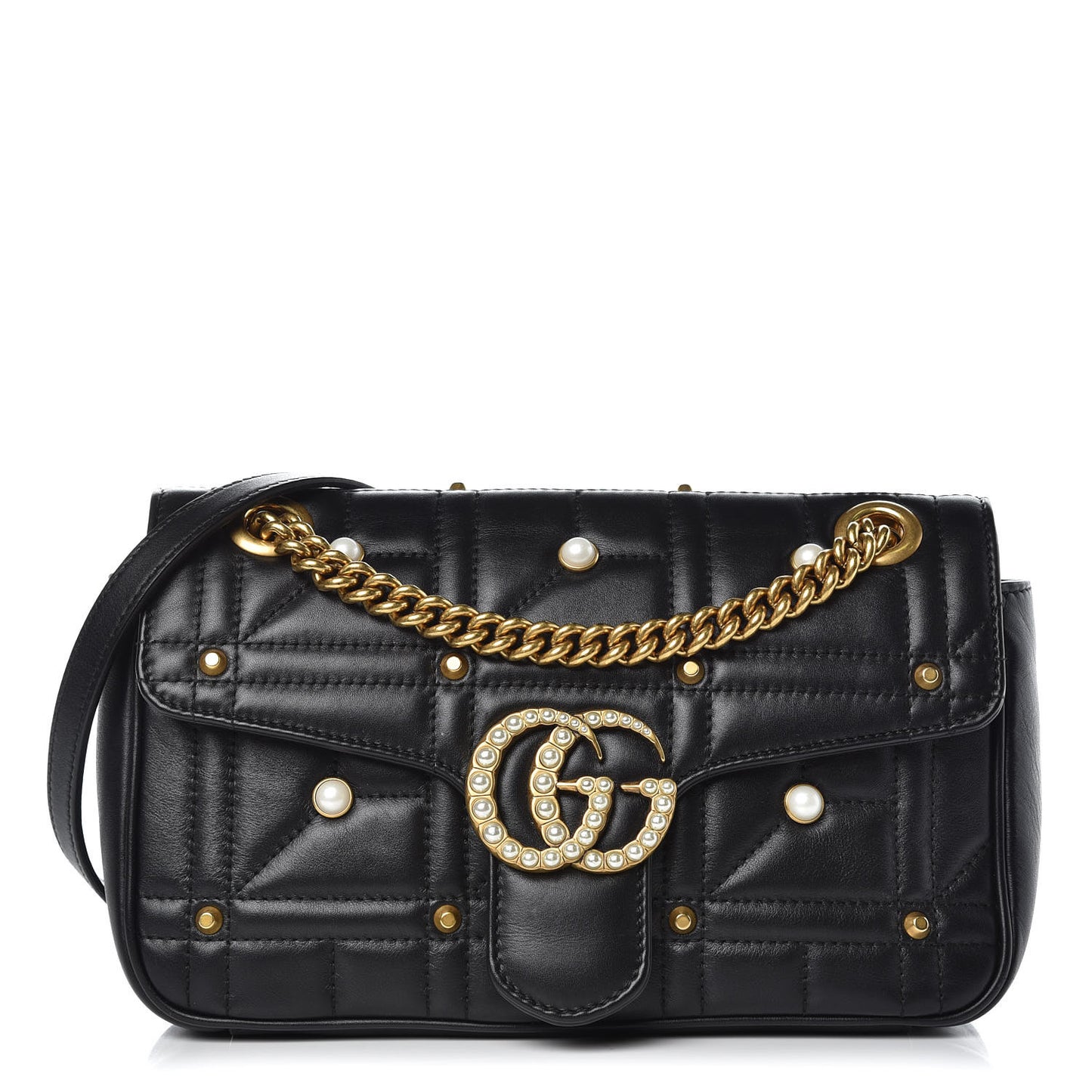Calfskin Matelasse Studded Small Pearly GG Marmont Shoulder Bag Black