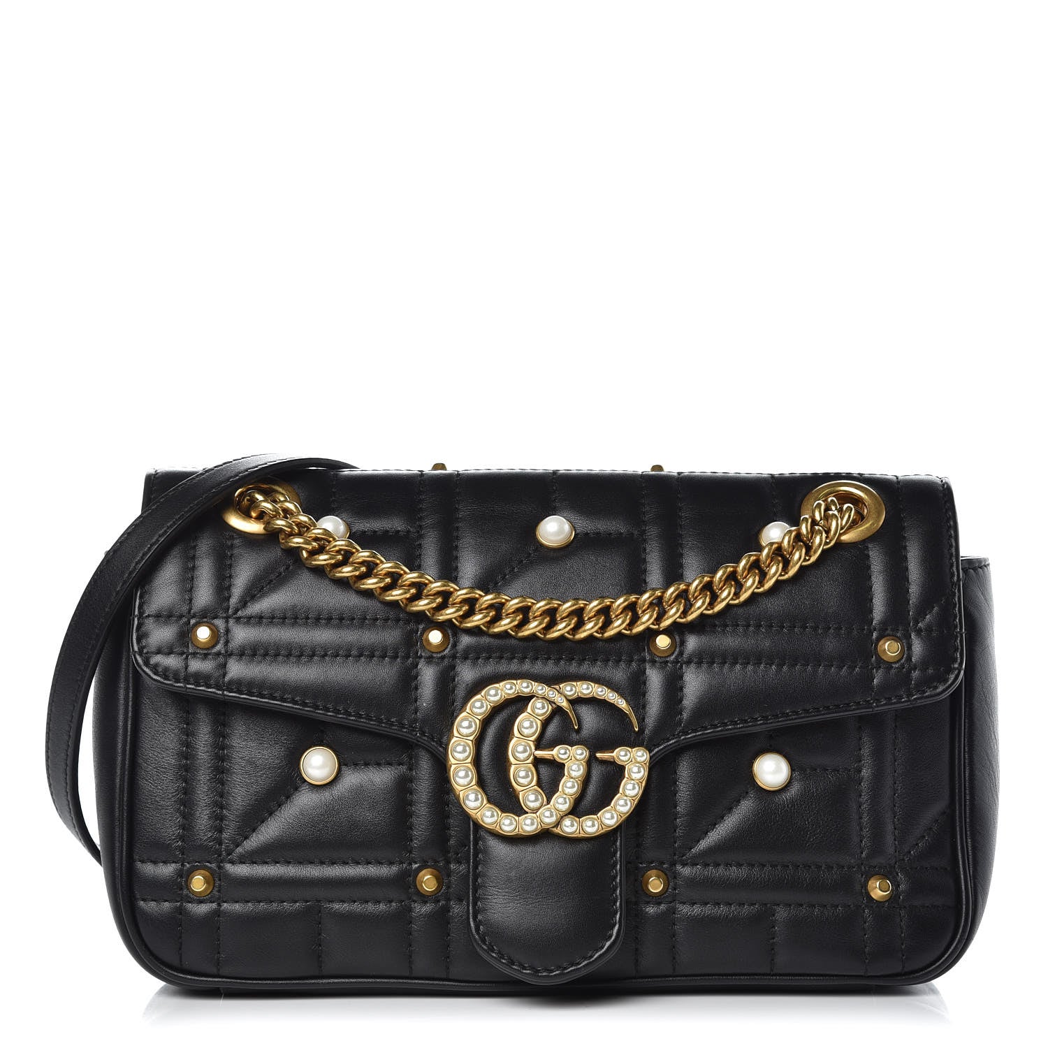 Gucci Calfskin Matelasse Studded Small Pearly GG Marmont Shoulder Bag Black 1 of 11