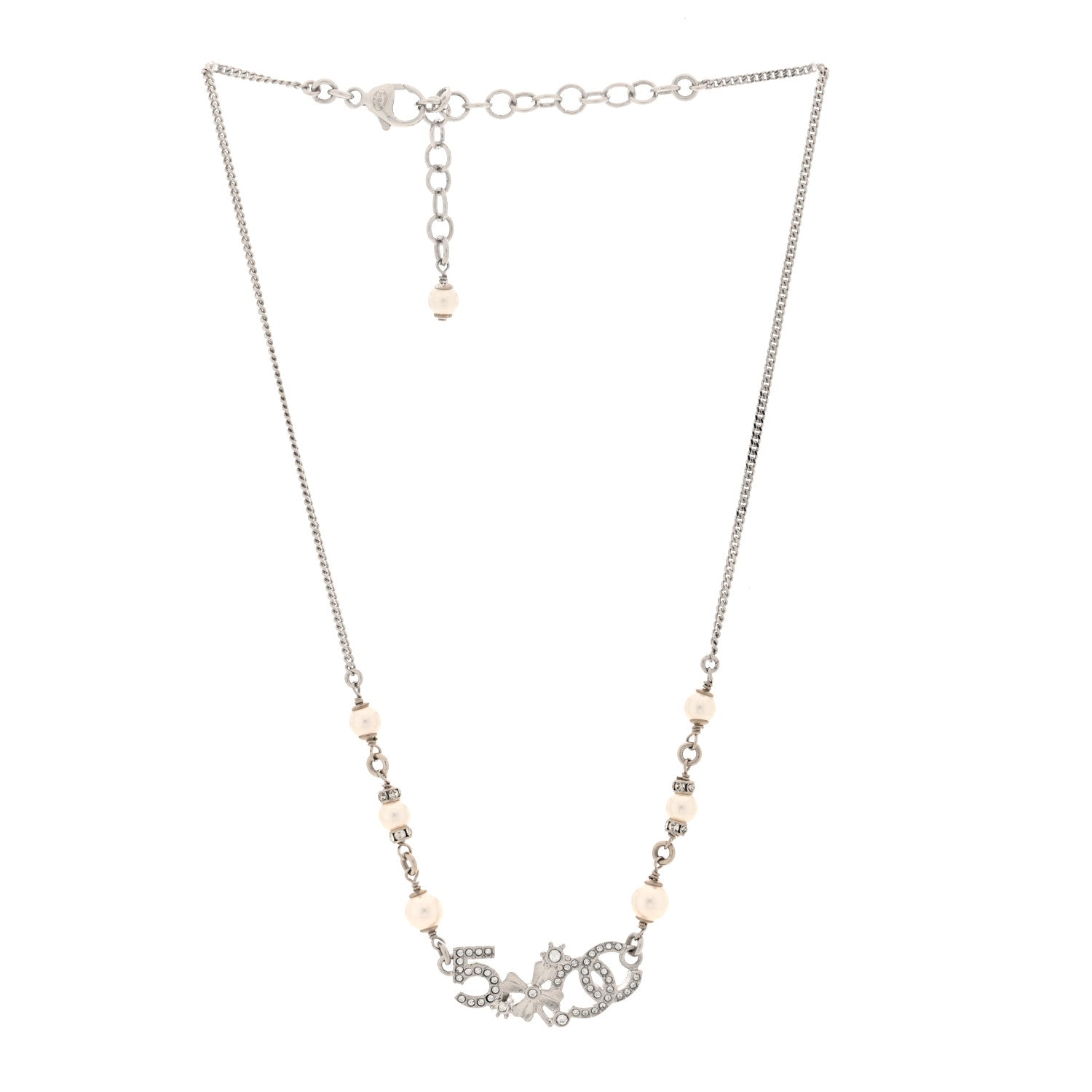 Chanel Pearl Crystal CC Clover No 5 Short Necklace Silver White 3 of 5