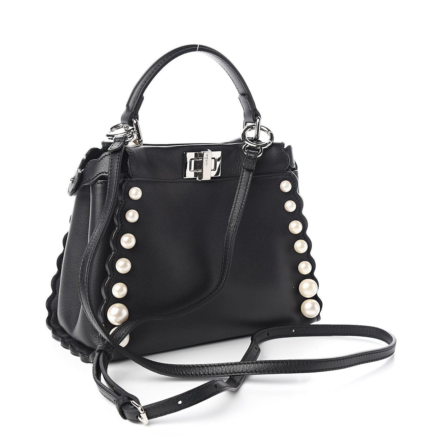 Vitello Seta Shiny Nappa Pearl Scallopped Studded Mini Peekaboo Iconic Satchel Black