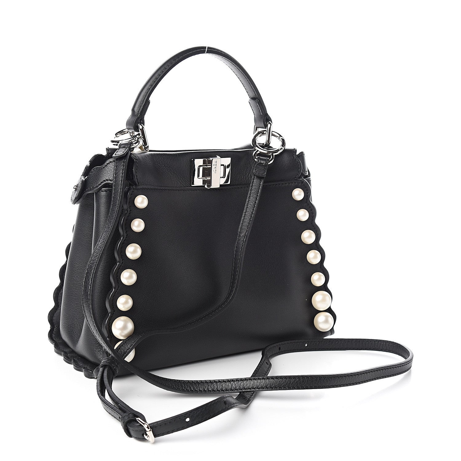 Fendi Vitello Seta Shiny Nappa Pearl Scallopped Studded Mini Peekaboo Iconic Satchel Black 2 of 9