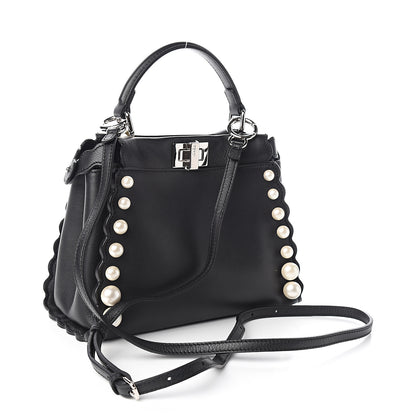 Fendi Vitello Seta Shiny Nappa Pearl Scallopped Studded Mini Peekaboo Iconic Satchel Black 2 of 9