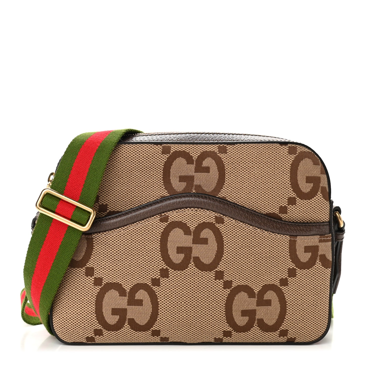 Monogram Jumbo GG Textured Dollar Calfskin Web Messenger Shoulder Bag Camel Ebony New Acero