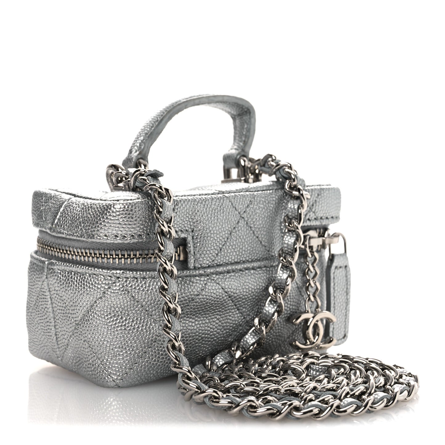 Metallic Caviar Quilted Mini Top Handle Vanity With Chain Silver