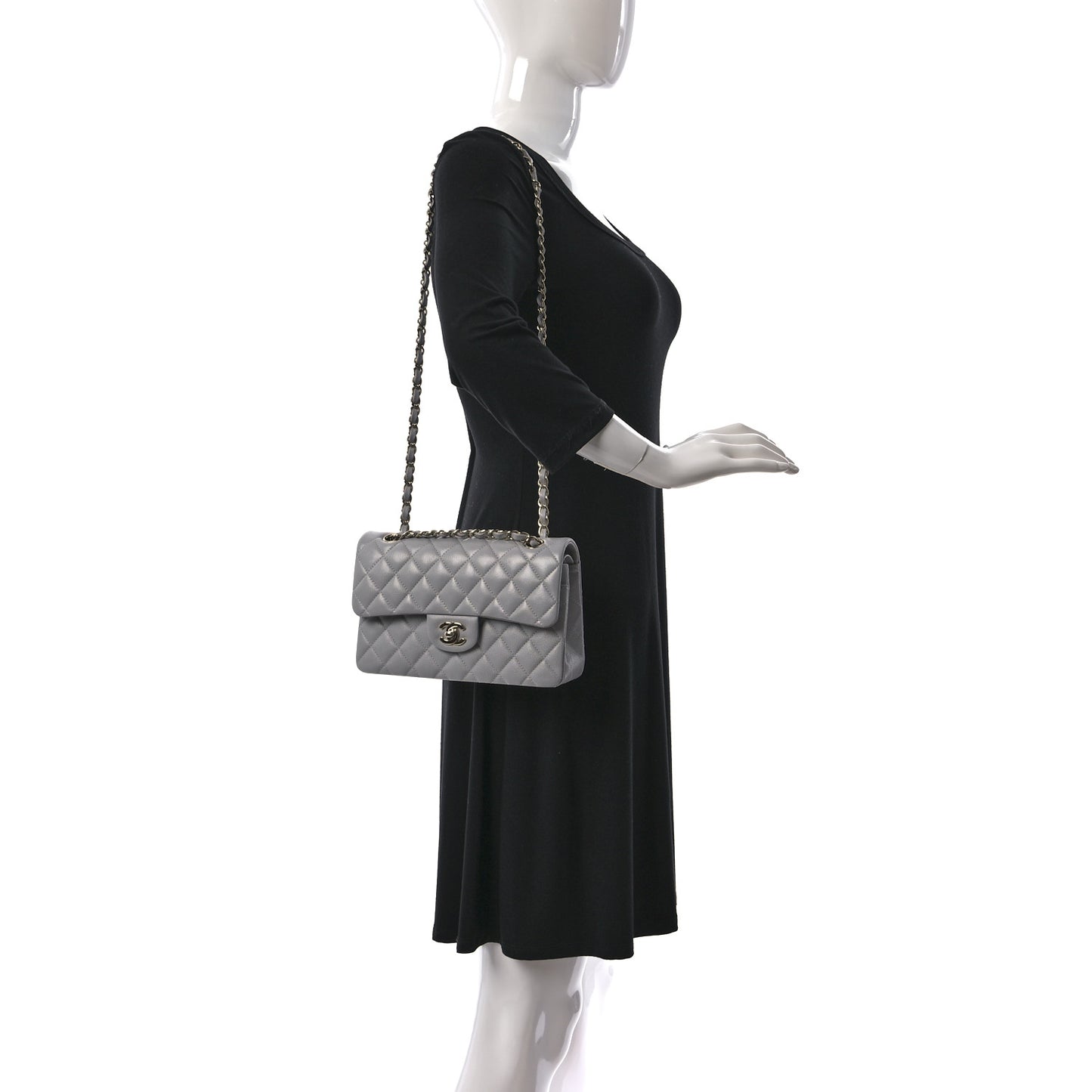 Caviar Quilted Small Double Flap Grey
