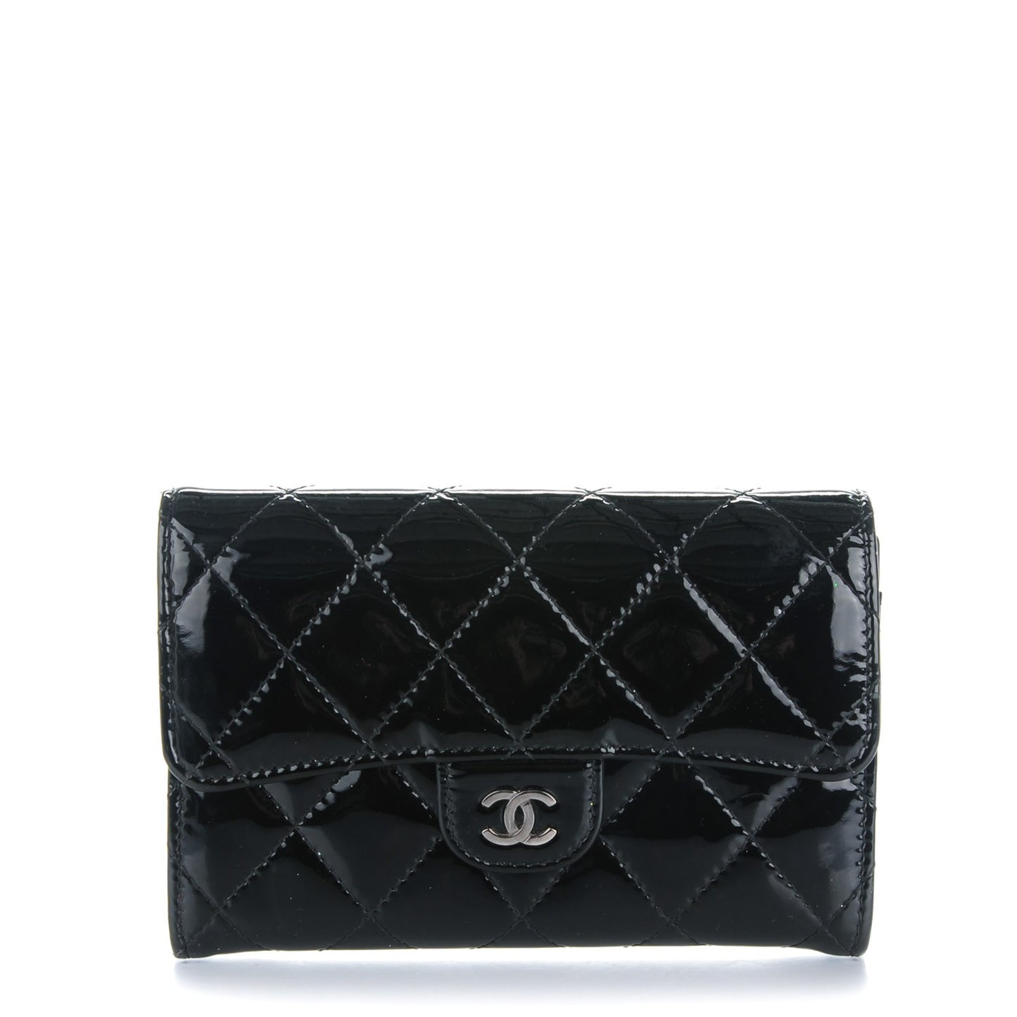 Patent Calfskin Quilted Small Flap Wallet Black
