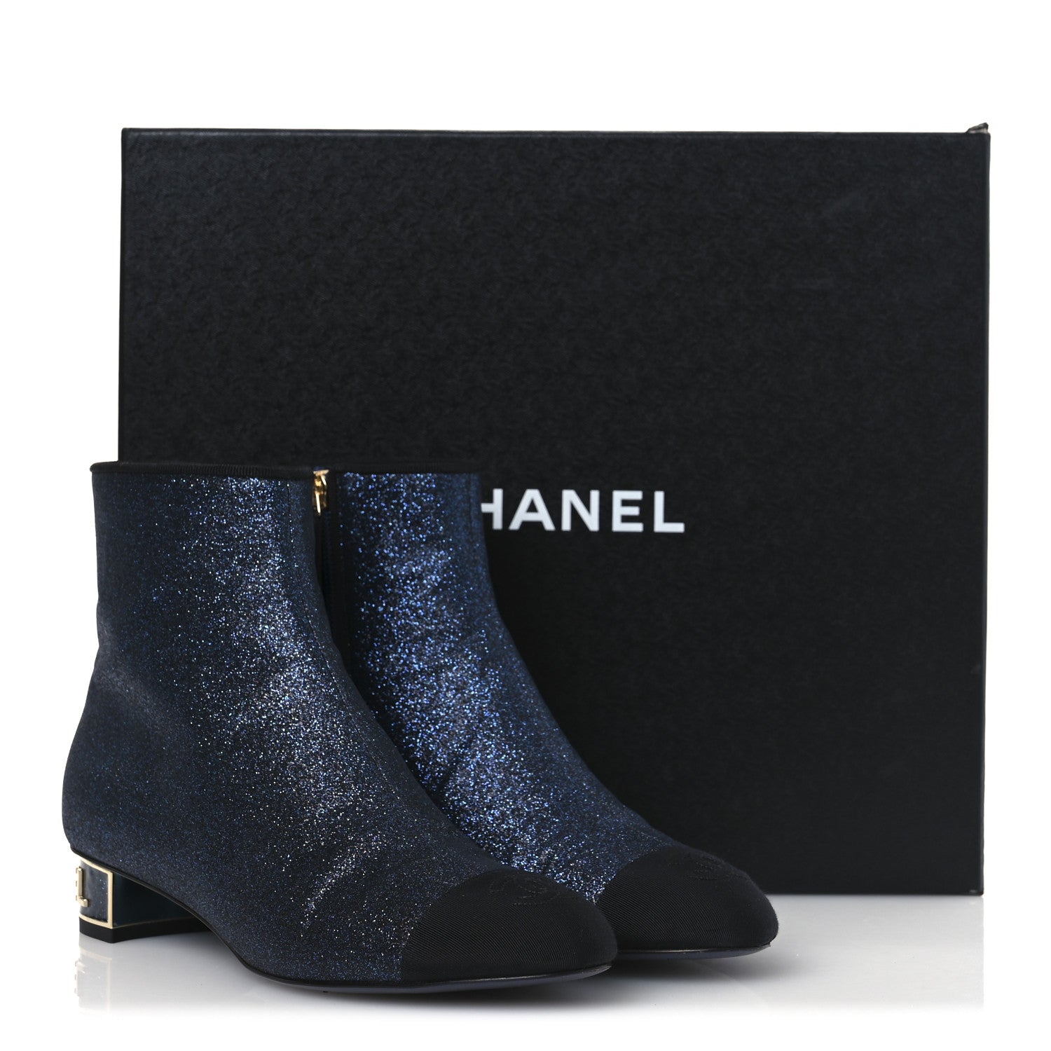 Chanel Sequin Grosgrain Cap Toe Logo Short Boots 37 Navy Black 11 of 11