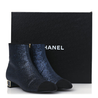 Chanel Sequin Grosgrain Cap Toe Logo Short Boots 37 Navy Black 11 of 11