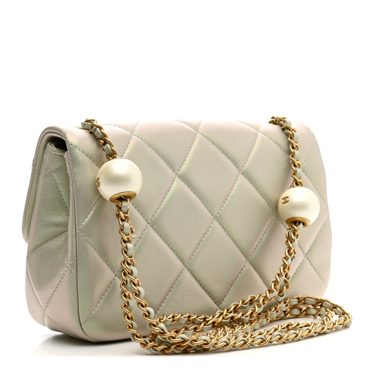 Pearly Lambskin Quilted Pearl Small Flap Light Grey