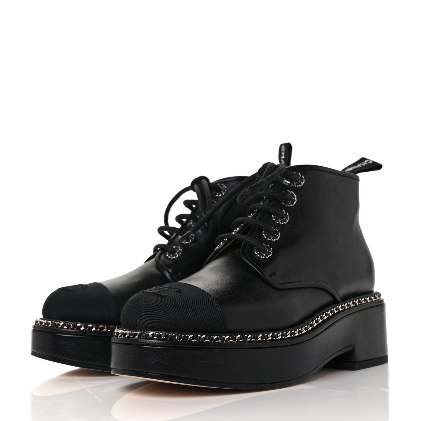 Calfskin Grosgrain Chain Lace Up CC Short Boots 37 Black