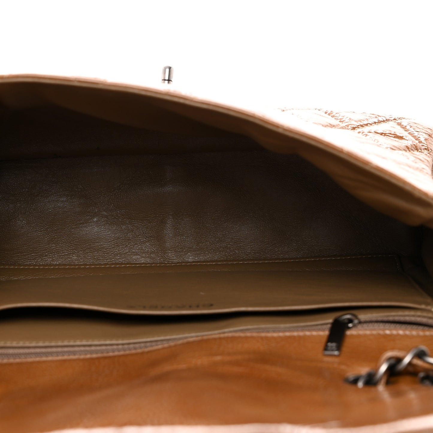 Crinkled Patent Quilted Jumbo Single Flap Camel Beige