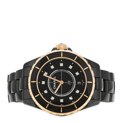 Chanel Stainless Steel 18K Yellow Gold Ceramic Diamond 38mm J12 Quartz Watch Black 2 of 6