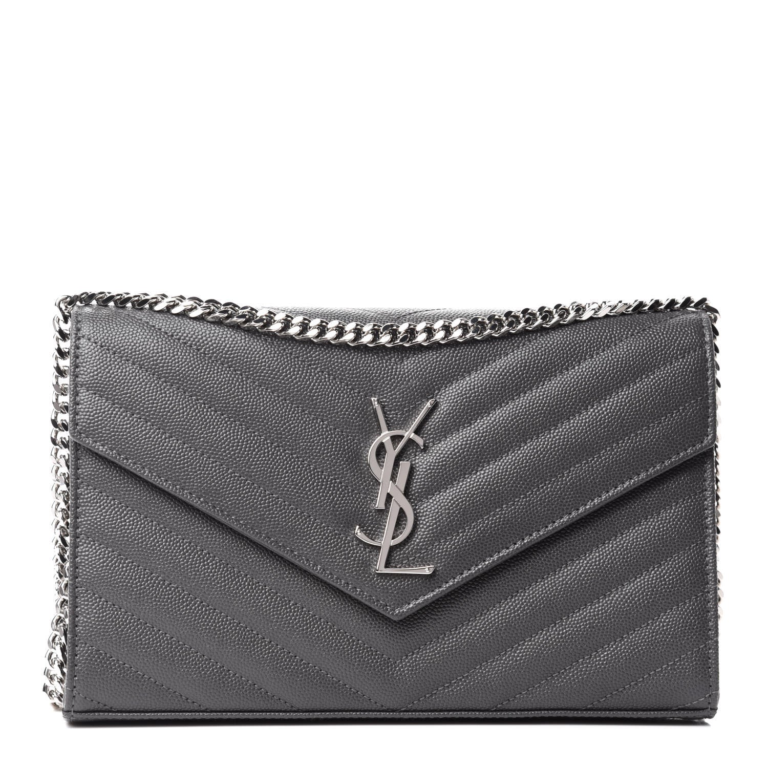 Saint Laurent Grain De Poudre Matelasse Chevron Monogram Chain Wallet Storm 1 of 10