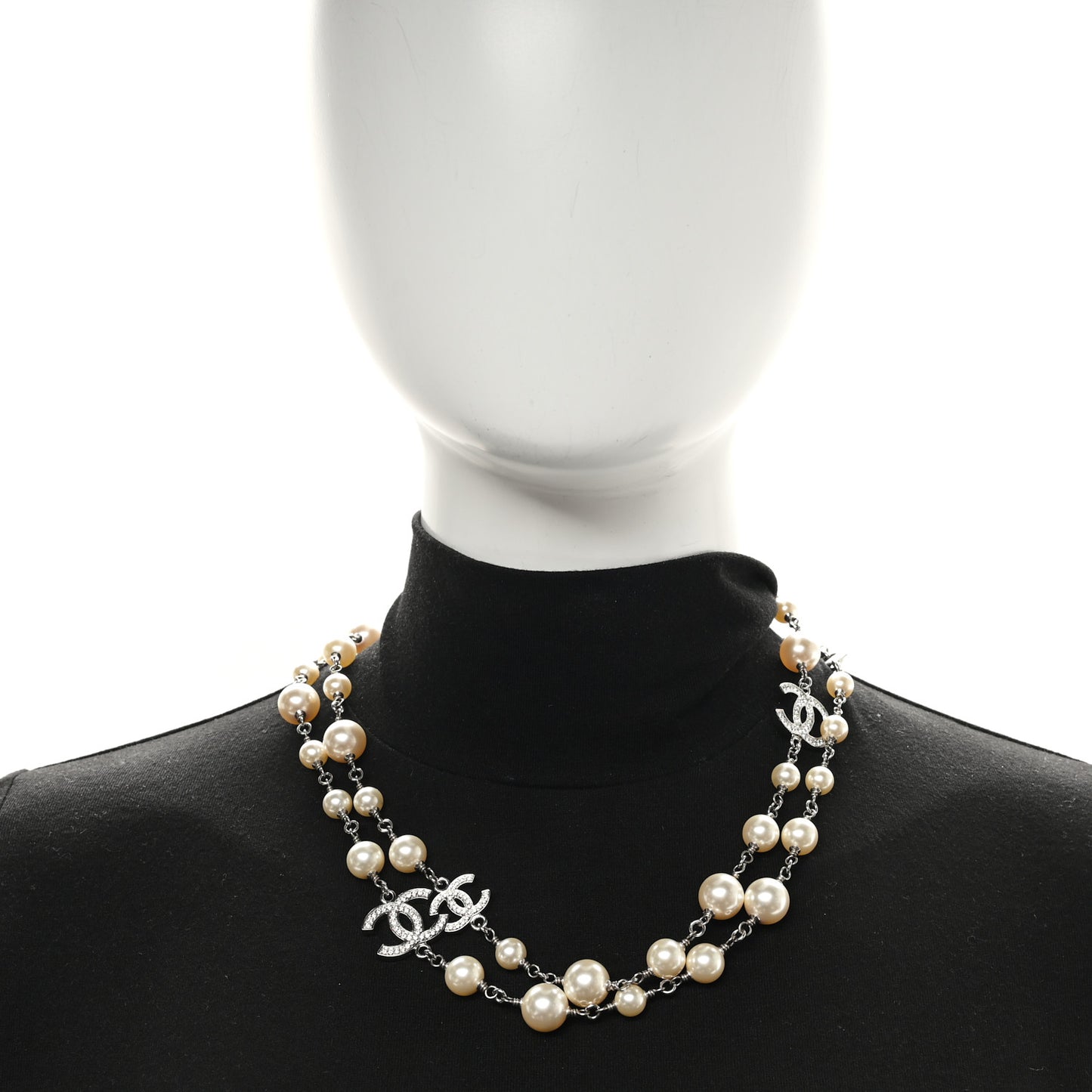 Crystal Pearl CC Long Necklace Silver