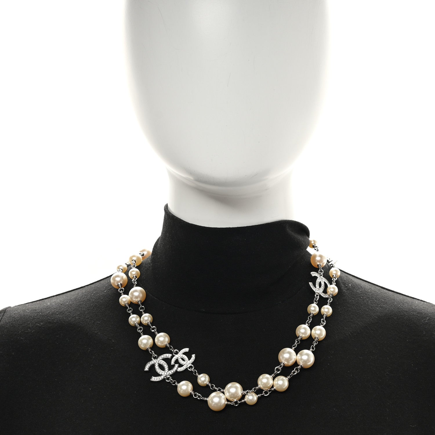 Chanel Crystal Pearl CC Long Necklace Silver 2 of 5