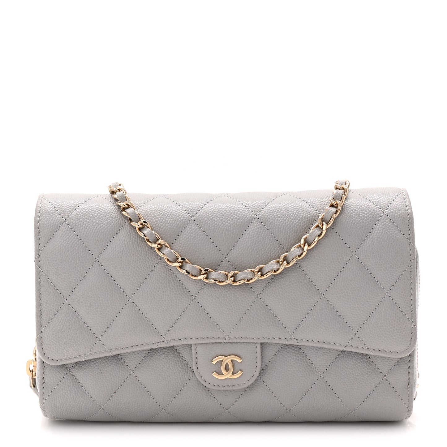 Caviar Quilted Phone Holder Wallet on Removable Chain Grey