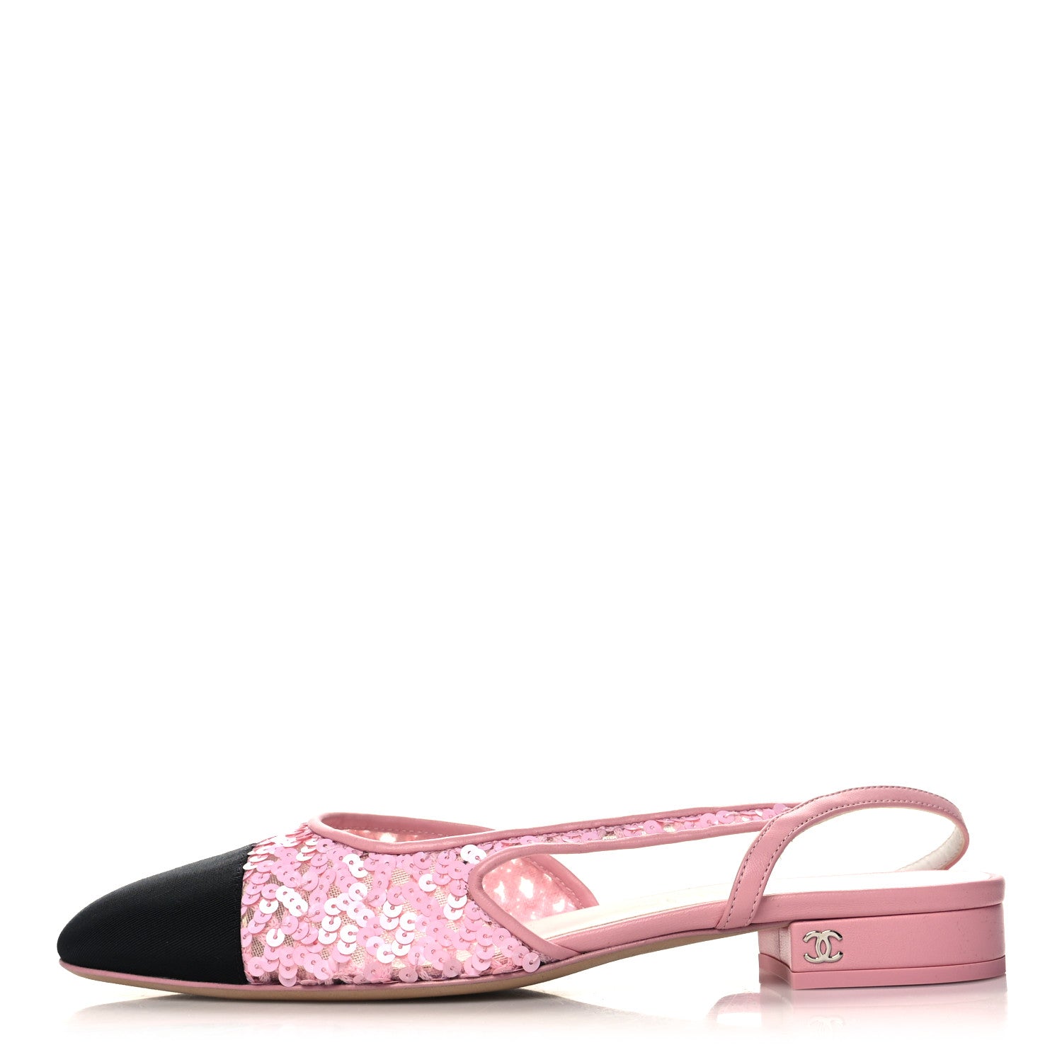 Chanel Sequins Satin Cap Toe CC Slingback Flat 38 Pink Black