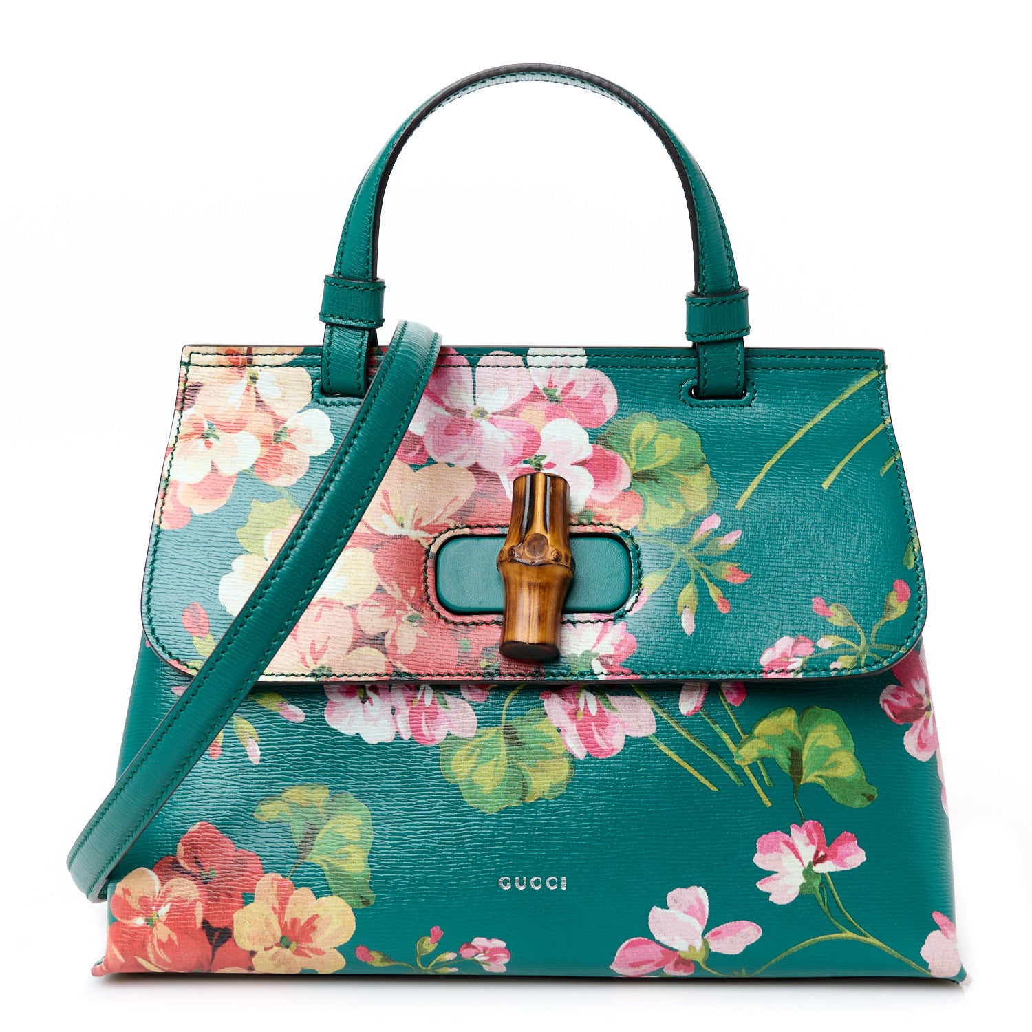 Gucci Shangai Calfskin Blooms Print Small Bamboo Daily Top Handle Bag Clear Bright Emerald Multicolor 1 of 9