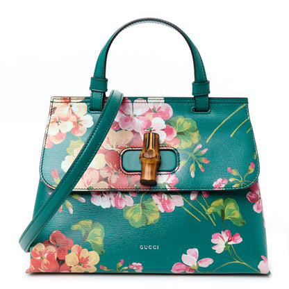 Gucci Shangai Calfskin Blooms Print Small Bamboo Daily Top Handle Bag Clear Bright Emerald Multicolor 1 of 9