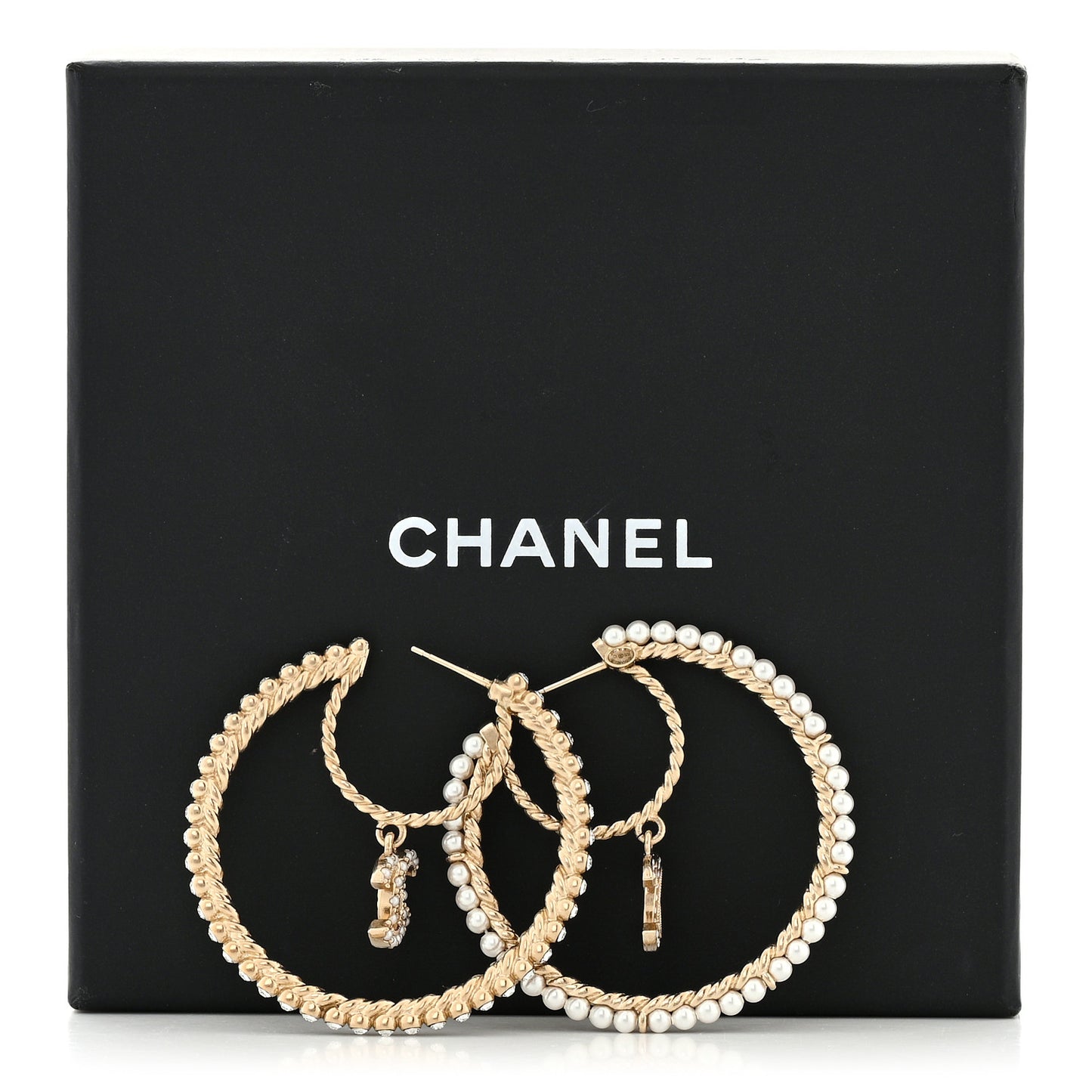 Crystal Pearl CC Drop Hoop Earrings Gold Pearly White