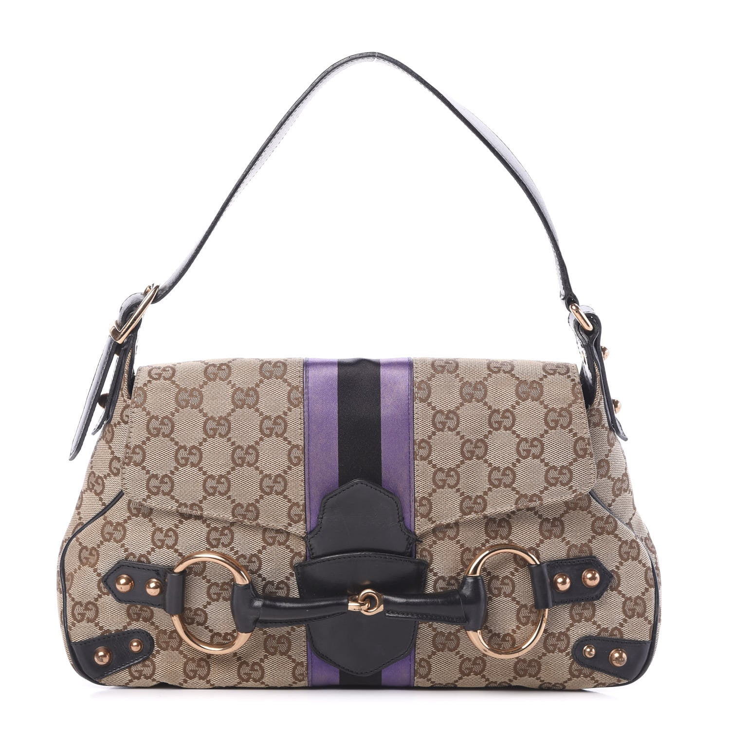 Gucci Monogram Horsebit Web Flap Bag Brown Purple 1 of 15