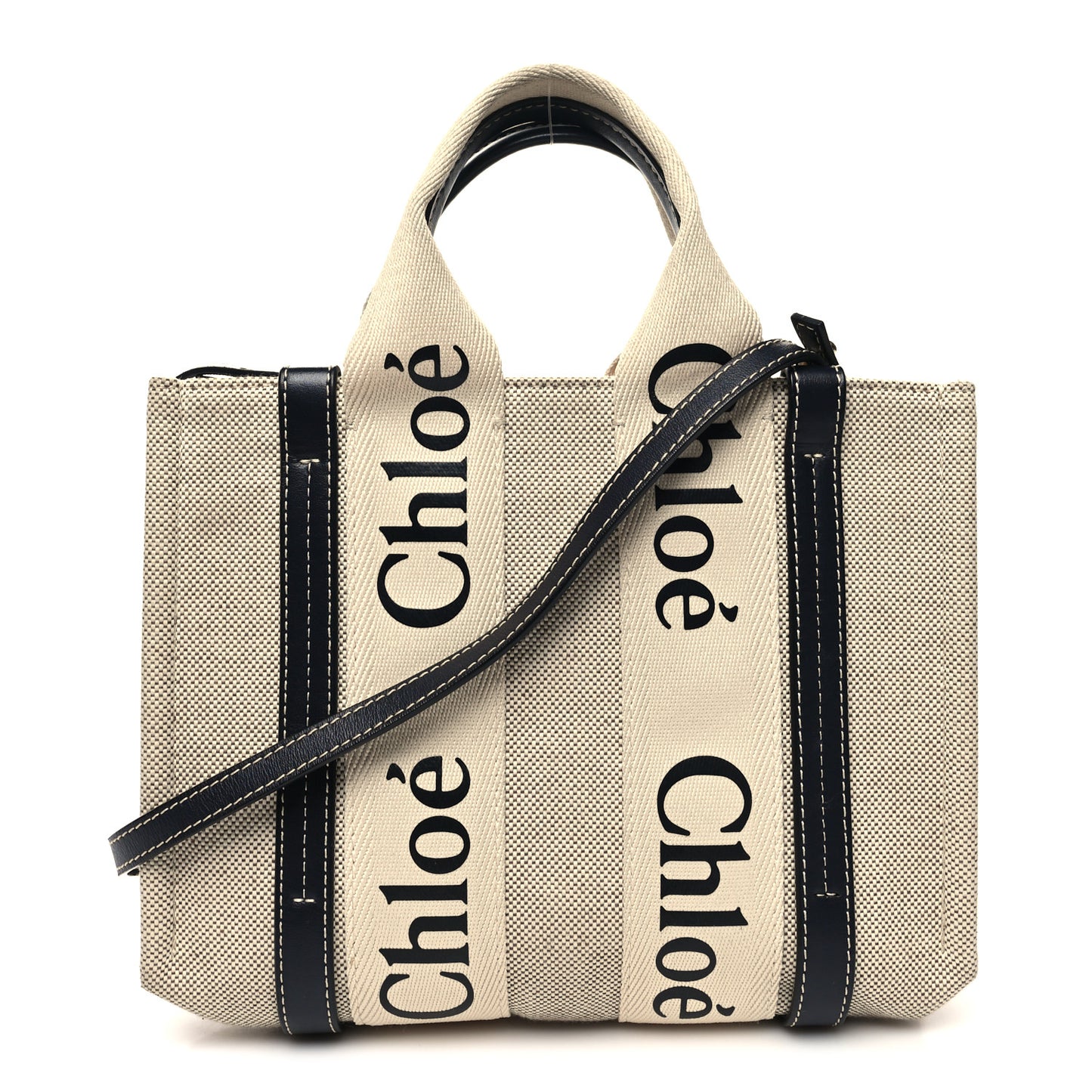 Cotton Calfskin Small Woody Ribbon Tote With Strap White Navy