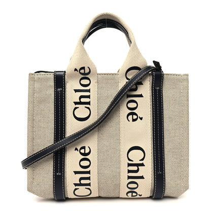 Chloe Cotton Calfskin Small Woody Ribbon Tote With Strap White Navy 1 of 10