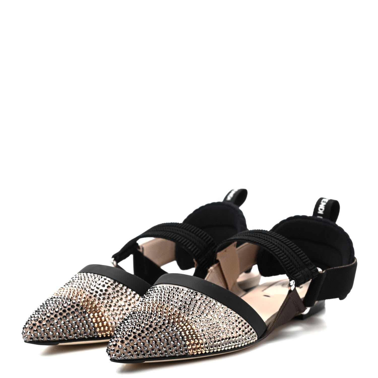 Fendi Satin Technical Mesh Crystal Embellished Colibri Slingback Ballerina Flats 36 Beige Black 3 of 8