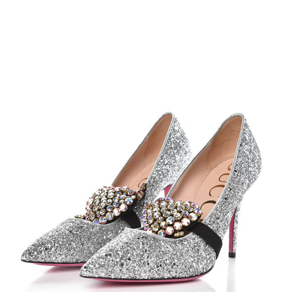 Gucci Nappa Glitter Removable Crystal Heart Pumps 39 Argento 3 of 11
