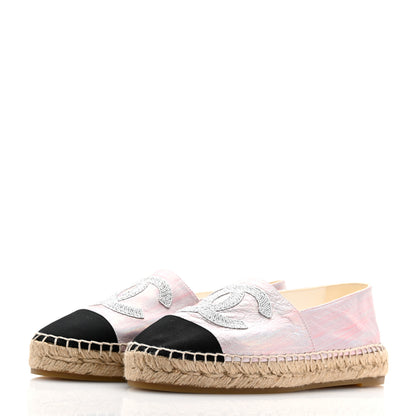 Chanel Laminated Lambskin Grosgrain Embroidered CC Espadrilles 39 Pink Silver Black 3 of 8