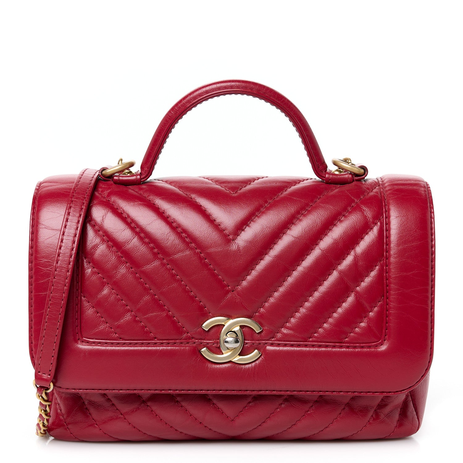 Chanel Calfskin Chevron Quilted Top Handle Flap Red 1 of 11