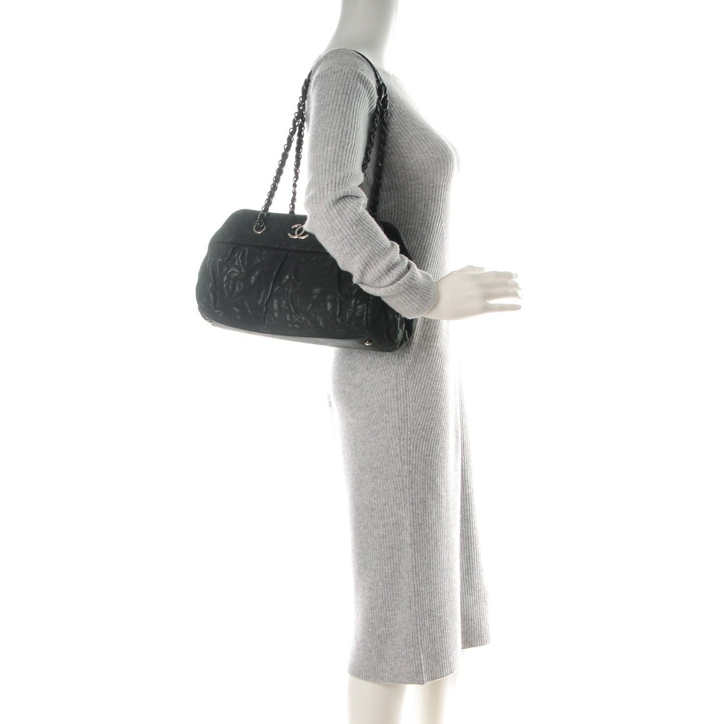 Iridescent Calfskin Chic Quilt Bowling Bag Black