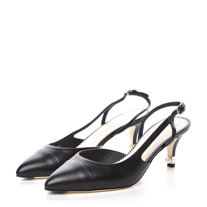 Chanel Lambskin Cap Toe CC Slingback Heels 38 Black 3 of 8